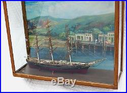 ANTIQUE TALL MODEL SAIL SHIP GLASS WALL DISPLAY CABINET NAUTICAL OIL PAINTING