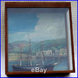 ANTIQUE TALL MODEL SAIL SHIP GLASS WALL DISPLAY CABINET NAUTICAL OIL PAINTING