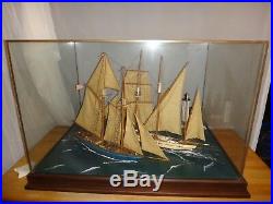 Cased Nautical Sailing Ship Model with Lighthouse Cottage Museum Quality Not a Kit